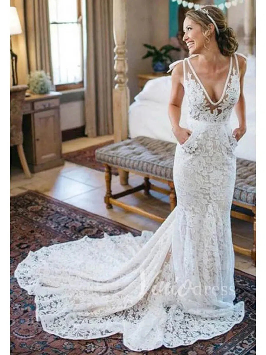 V-neck Mermaid Lace Wedding Dresses with Pockets Chapel Train VW1251