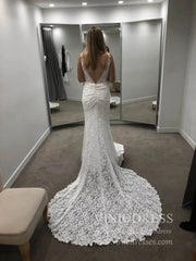 V Neck Mermaid Lace Wedding Dresses with Pockets VW1226