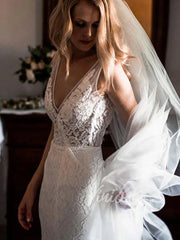 V Neck Mermaid Lace Wedding Dresses with Pockets VW1226