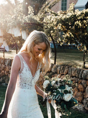 V Neck Mermaid Lace Wedding Dresses with Pockets VW1226