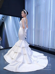 V-neck Mermaid Satin Wedding Dresses Fit and Flare Bridal Dress 67312