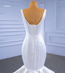 V-neck Mermaid Satin Wedding Dresses Fit and Flare Bridal Dress 67312