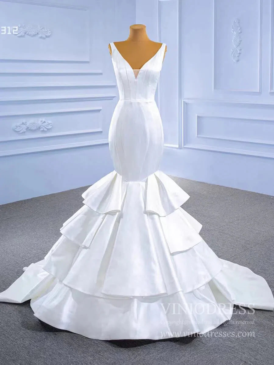V-neck Mermaid Satin Wedding Dresses Fit and Flare Bridal Dress 67312