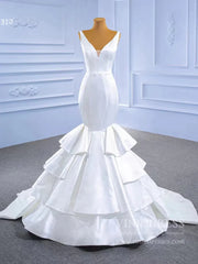 V-neck Mermaid Satin Wedding Dresses Fit and Flare Bridal Dress 67312