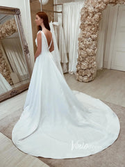 V-neck Minimalist Satin Wedding Dresses Watteau Train VW2069
