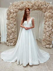 V-neck Minimalist Satin Wedding Dresses Watteau Train VW2069