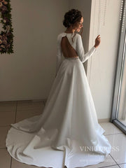 V-neck Open Back Long Sleeve Satin Wedding Dresses with Pockets VW1832