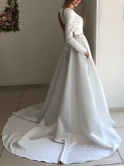 V-neck Open Back Long Sleeve Satin Wedding Dresses with Pockets VW1832