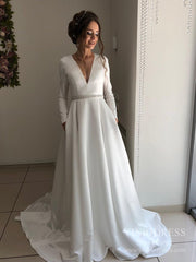 V-neck Open Back Long Sleeve Satin Wedding Dresses with Pockets VW1832