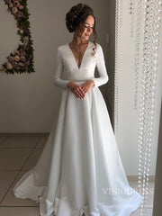 V-neck Open Back Long Sleeve Satin Wedding Dresses with Pockets VW1832
