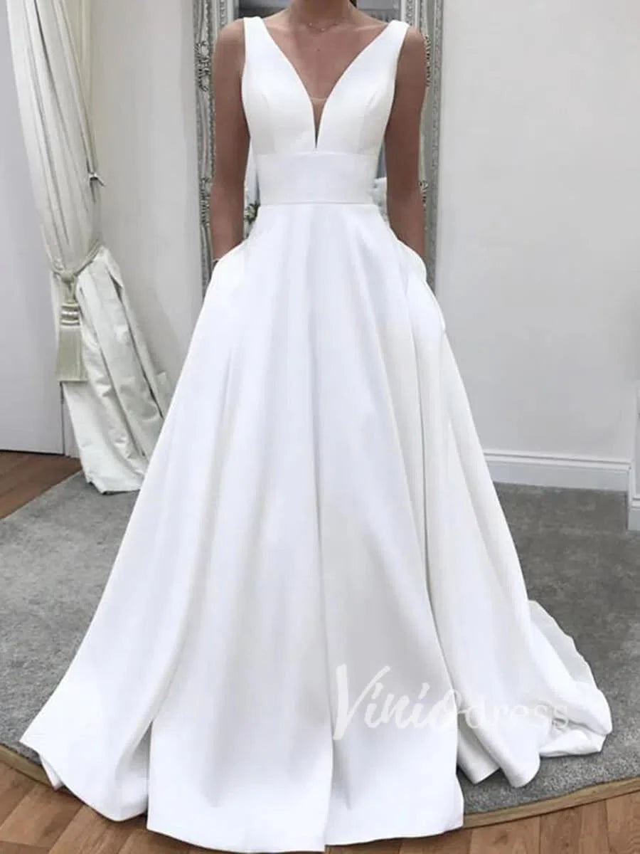 V Neck Simple Wedding Dresses with Pockets VW1180