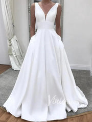 V Neck Simple Wedding Dresses with Pockets VW1180