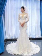 Vintage High Neck Pearl Mermaid Wedding Dresses with Long Sleeves 67219