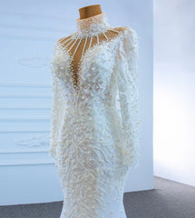 Vintage High Neck Pearl Mermaid Wedding Dresses with Long Sleeves 67219