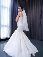White Mermaid Wedding Dress V-neck Beaded Trumpet Bridal Gown 222148