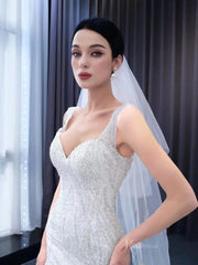 White Mermaid Wedding Dress V-neck Beaded Trumpet Bridal Gown 222148