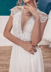 A-line Backyard Tulle Long Wedding Dresses with Cap Sleeves