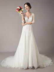 Wedding Dresses A Line Ivory V Neck Lace Tulle Half Sleeve Bridal Dress With Train