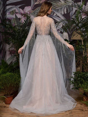 Wedding Dresses A Line Sweep Short Sleeves Beaded Jewel Neck Tulle Bridal Dresses