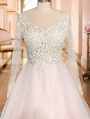 Wedding Dresses A Line V Neck Long Sleeve Lace Applique Tulle Bridal Gowns With Chapel Train