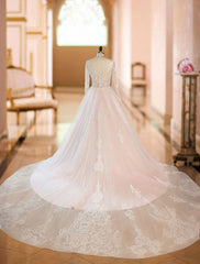 Wedding Dresses A Line V Neck Long Sleeve Lace Applique Tulle Bridal Gowns With Chapel Train