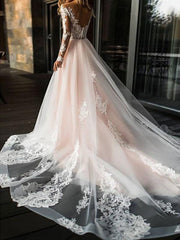 Wedding Dresses A Line V Neck Long Sleeve Lace Applique Tulle Bridal Gowns With Chapel Train