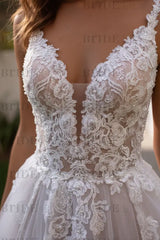 Wedding Dresses A Line V Neck Sleeveless Lace Appliqued Bridal Gowns With Train