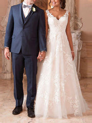 Wedding Dresses A Line V Neck Sleeveless Lace Illusion Back Bridal Gowns
