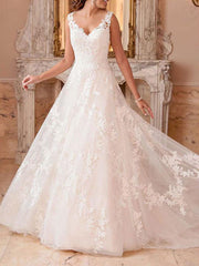 Wedding Dresses A Line V Neck Sleeveless Lace Illusion Back Bridal Gowns