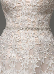 Wedding Dresses Champagne Tulle Strapless Sweatheart Lace Sash Bridal Gown