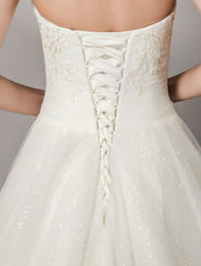 Wedding Dresses Ivory Strapless Lace Beaded Chapel Train Bridal Gowns