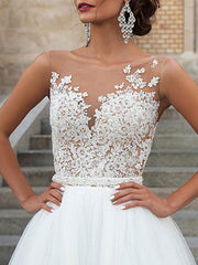 Wedding Dresses Jewel Neck A Line Floor Length Beaded Sash Tulle Pageant Dress Bridal Gowns