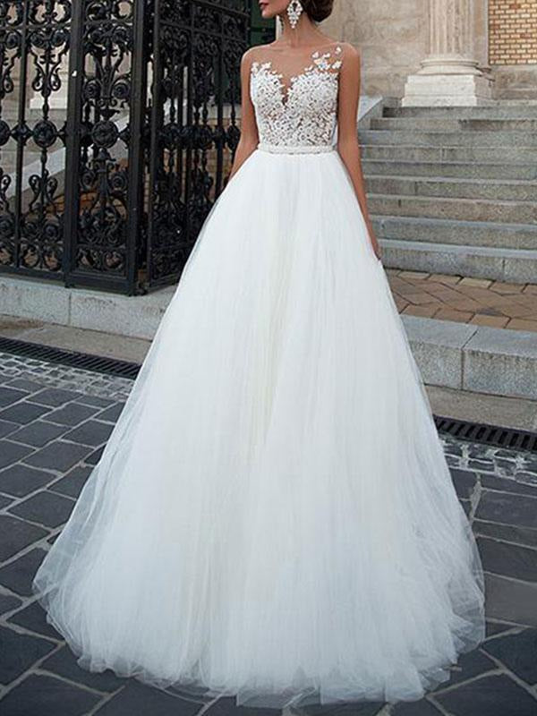 Wedding Dresses Jewel Neck A Line Floor Length Beaded Sash Tulle Pageant Dress Bridal Gowns