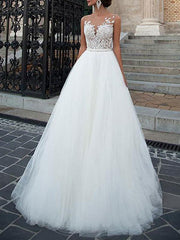Wedding Dresses Jewel Neck A Line Floor Length Beaded Sash Tulle Pageant Dress Bridal Gowns