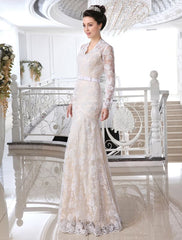 Wedding Dresses Lace Champagne Bridal Dress V Neck Long Sleeve Illusion Sheath Bow Sash Floor Length Wedding Gown