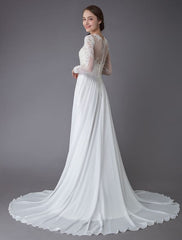 Wedding Dresses Long Sleeve Lace Chiffon Sexy High Split Illusion Summer Bridal Gowns Exclusive