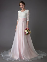 Wedding Dresses Pink V Neck Half Sleeve Pleated A Line Bridal Gown With Train Exclusive
