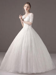 Wedding Dresses Princess Ball Gown Ivory Half Sleeve V Neck Lace Beaded Floor Length Bridal Dress
