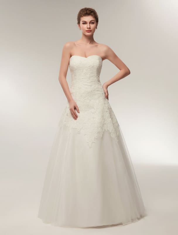 Wedding Dresses Strapless Lace Maxi Bridal Dress Sweetheart Neckline Floor Length Ivory Wedding Gowns