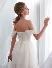 Wedding Dresses Tulle Ivory Off The Shoulder Sweetheart Beach Bridal Dress With Train