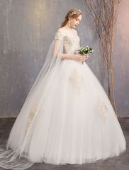 Wedding Dresses Tulle Off The Shoulder Short Sleeve Lace Applique Princess Bridal Gown