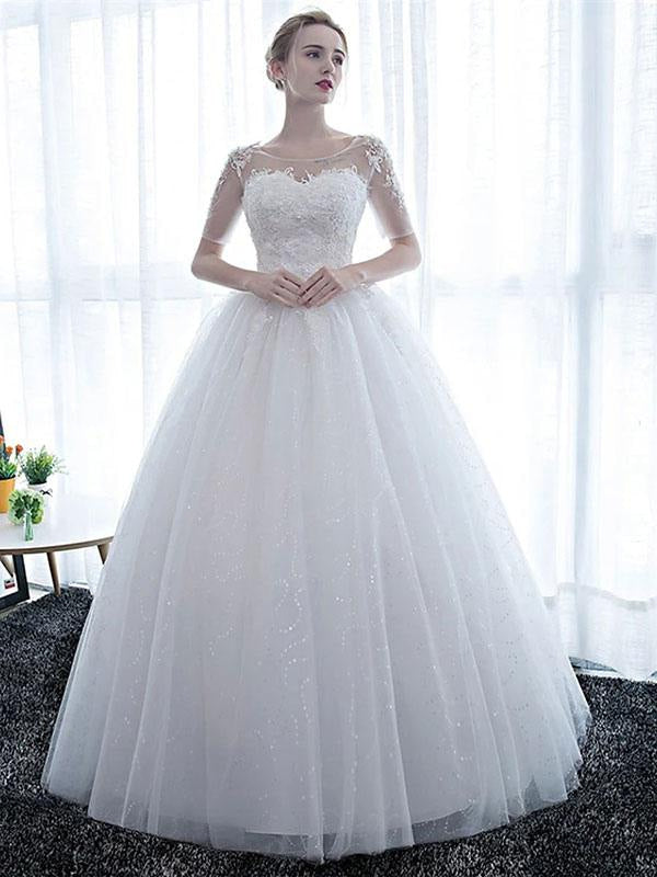 Wedding Dresses White Off The Shoulder Short Sleeves Tulle Floor Length Bride Dresses