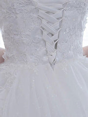 Wedding Dresses White Off The Shoulder Short Sleeves Tulle Floor Length Bride Dresses