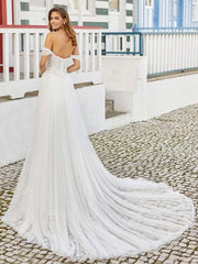 Wedding Dresses With Train A-Line Floor-Length Sleeveless Beaded Sweetheart Neck Bridal Gowns