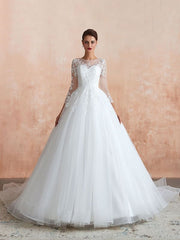 Wedding Gown 2021 3/4 Sleeve Jewel Neck Lace Appliqued Beaded Ball Gown Bridal Wedding Dress With Train