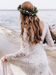 Wedding Gowns With Train V-Neck Long Sleeves Floor-Length Ivory Lace Bridal Gowns