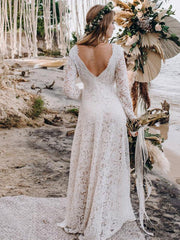 Wedding Gowns With Train V-Neck Long Sleeves Floor-Length Ivory Lace Bridal Gowns