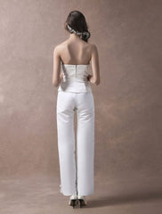 Wedding Jumpsuits Ivory Strapless Peplum Satin Bow Sash Long Bridal Jumpsuits Exclusive