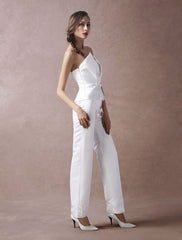Wedding Jumpsuits Ivory Strapless Peplum Satin Bow Sash Long Bridal Jumpsuits Exclusive