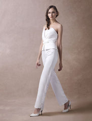 Wedding Jumpsuits Ivory Strapless Peplum Satin Bow Sash Long Bridal Jumpsuits Exclusive